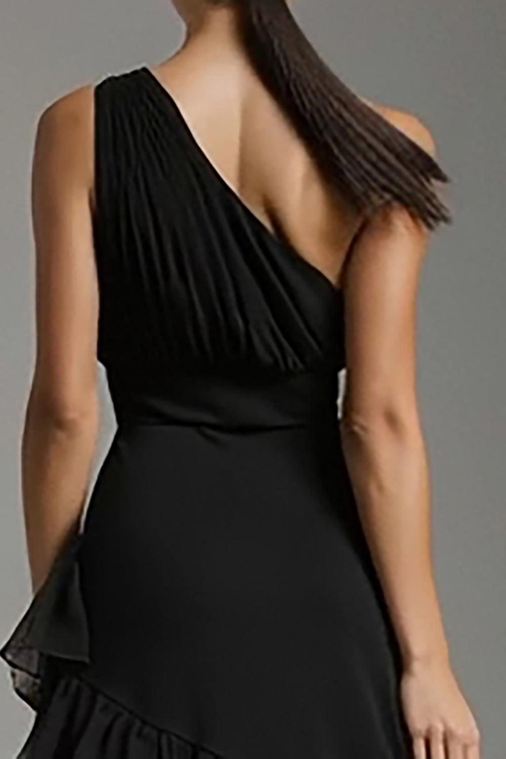 Black One Shoulder Chiffon A Line Ruffled Long Formal Dress with Slit