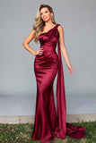 Burgundy Satin One Shoulder Mermaid Maxi Formal Dress with Side Cape