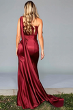Burgundy Satin One Shoulder Mermaid Maxi Formal Dress with Side Cape