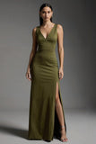 Simple Olive Satin V-Neck Mermaid Long Formal Dress with Slit
