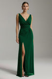 Dark Green Chiffon V-Neck Sheath Long Holiday Party Dress with Slit