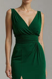 Dark Green Chiffon V-Neck Sheath Long Holiday Party Dress with Slit