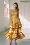 Gold A Line Tiered Satin Maxi Flowy Bridesmaid Dress