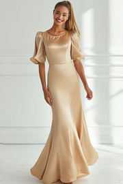 Champagne Round Neck Satin Maxi Bridesmaid Dress with Sleeves
