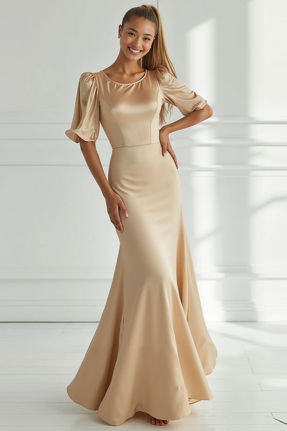 Champagne Round Neck Satin Maxi Bridesmaid Dress with Sleeves