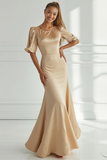 Champagne Round Neck Satin Maxi Bridesmaid Dress with Sleeves