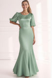 Champagne Round Neck Satin Maxi Bridesmaid Dress with Sleeves