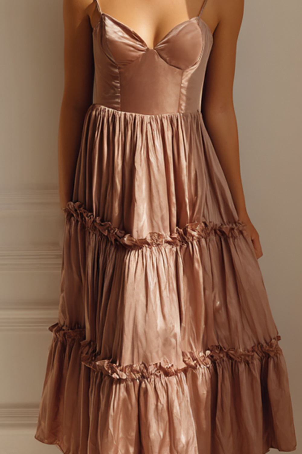 A Line Coffee Tiered Satin Maxi Bridesmaid Dress
