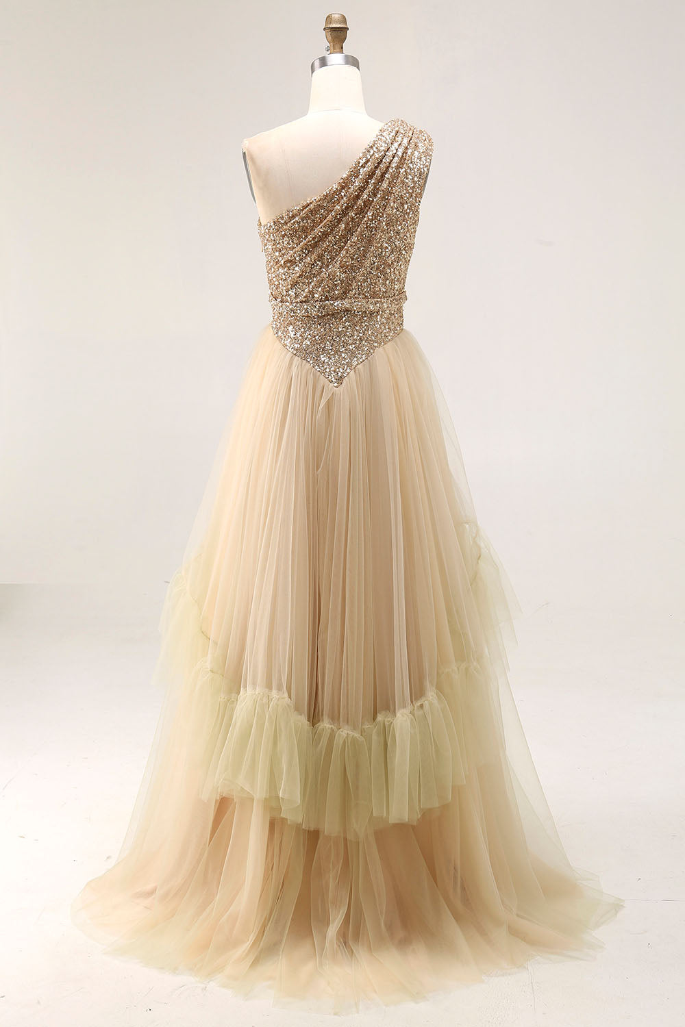 Brown Pleated Tulle A Line Long Wedding Guest Dress with Sequins