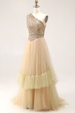 Brown Pleated Tulle A Line Long Wedding Guest Dress with Sequins