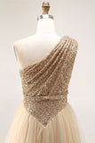 Brown Pleated Tulle A Line Long Wedding Guest Dress with Sequins