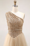 Brown Pleated Tulle A Line Long Wedding Guest Dress with Sequins