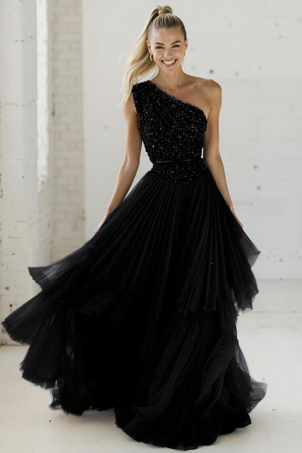 Brown Pleated Tulle A Line Long Wedding Guest Dress with Sequins