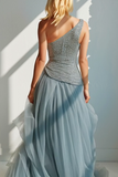 Sparkly Dusty Blue Tulle A Line Long Wedding Guest Dress with Slit