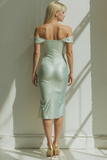 Sage Green Sheath Satin Midi Bridesmaid Dress