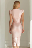 Pink Satin Sheath V-Neck Midi Bridesmaid Dress