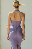 Lilac Mermaid Halter Midi Bridesmaid Dress with Slit