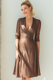 Brown Satin A Line V-Neck Midi Wedding Guest Dress with Sleeves