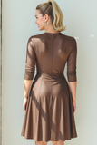 Brown Satin A Line V-Neck Midi Wedding Guest Dress with Sleeves