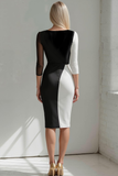 Black and White Sheath V-Neck Midi Formal Dress with Sleeves