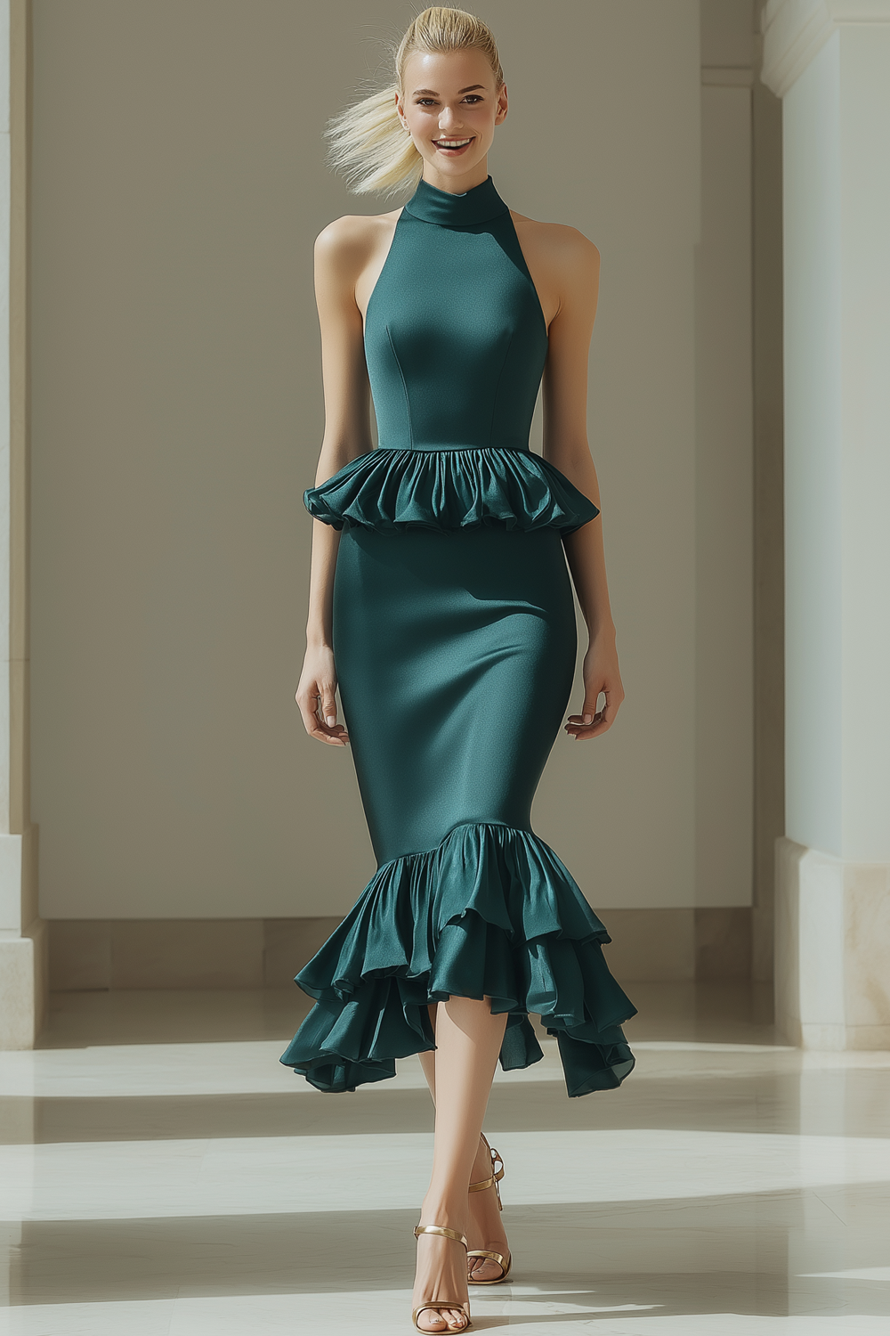 Dark Green Satin Mermaid High Neck Midi Formal Dress with Ruffles