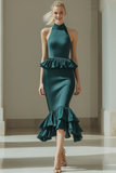 Dark Green Satin Mermaid High Neck Midi Formal Dress with Ruffles
