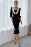 Black White Satin Mermaid Ruffled Midi Formal Dress with Sleeves