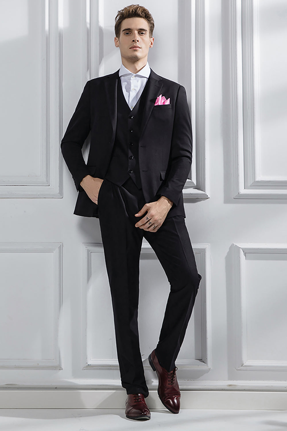 3 Piece Notched Lapel Single Breasted Black Prom Men's Suits