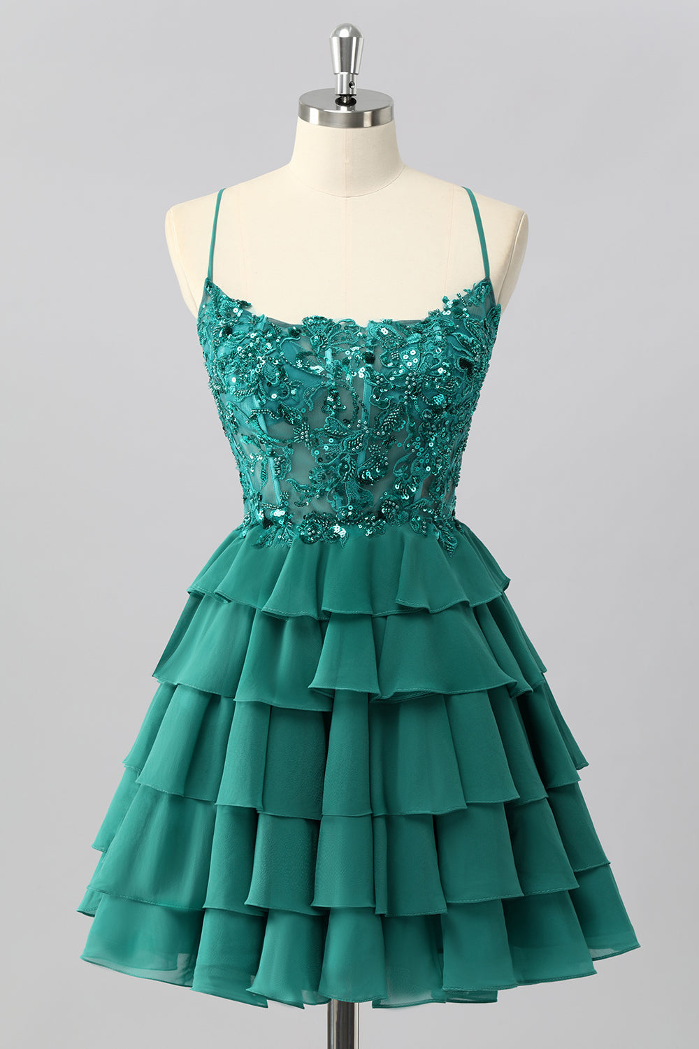 Dark Green Corset Short Tiered Sparkly Cocktail Dress with Beading