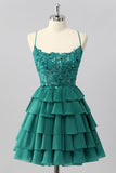 Dark Green Corset Short Tiered Sparkly Cocktail Dress with Beading