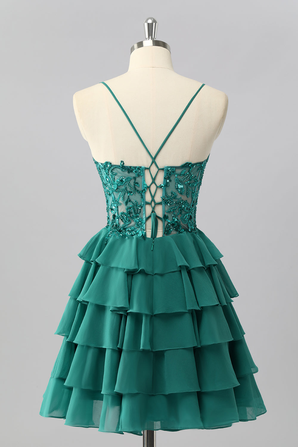 Dark Green Corset Short Tiered Sparkly Cocktail Dress with Beading