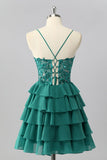 Dark Green Corset Short Tiered Sparkly Cocktail Dress with Beading