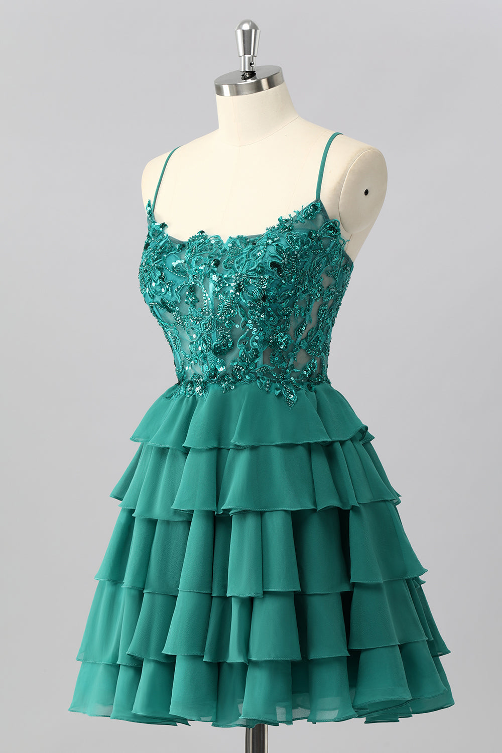 Dark Green Corset Short Tiered Sparkly Cocktail Dress with Beading
