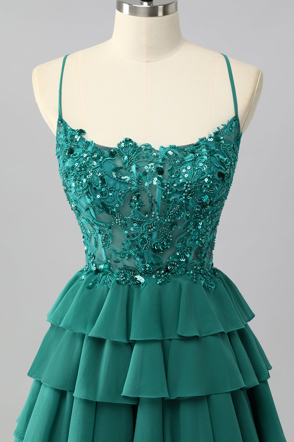 Dark Green Corset Short Tiered Sparkly Cocktail Dress with Beading