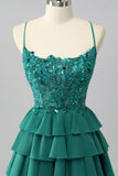 Dark Green Corset Short Tiered Sparkly Cocktail Dress with Beading