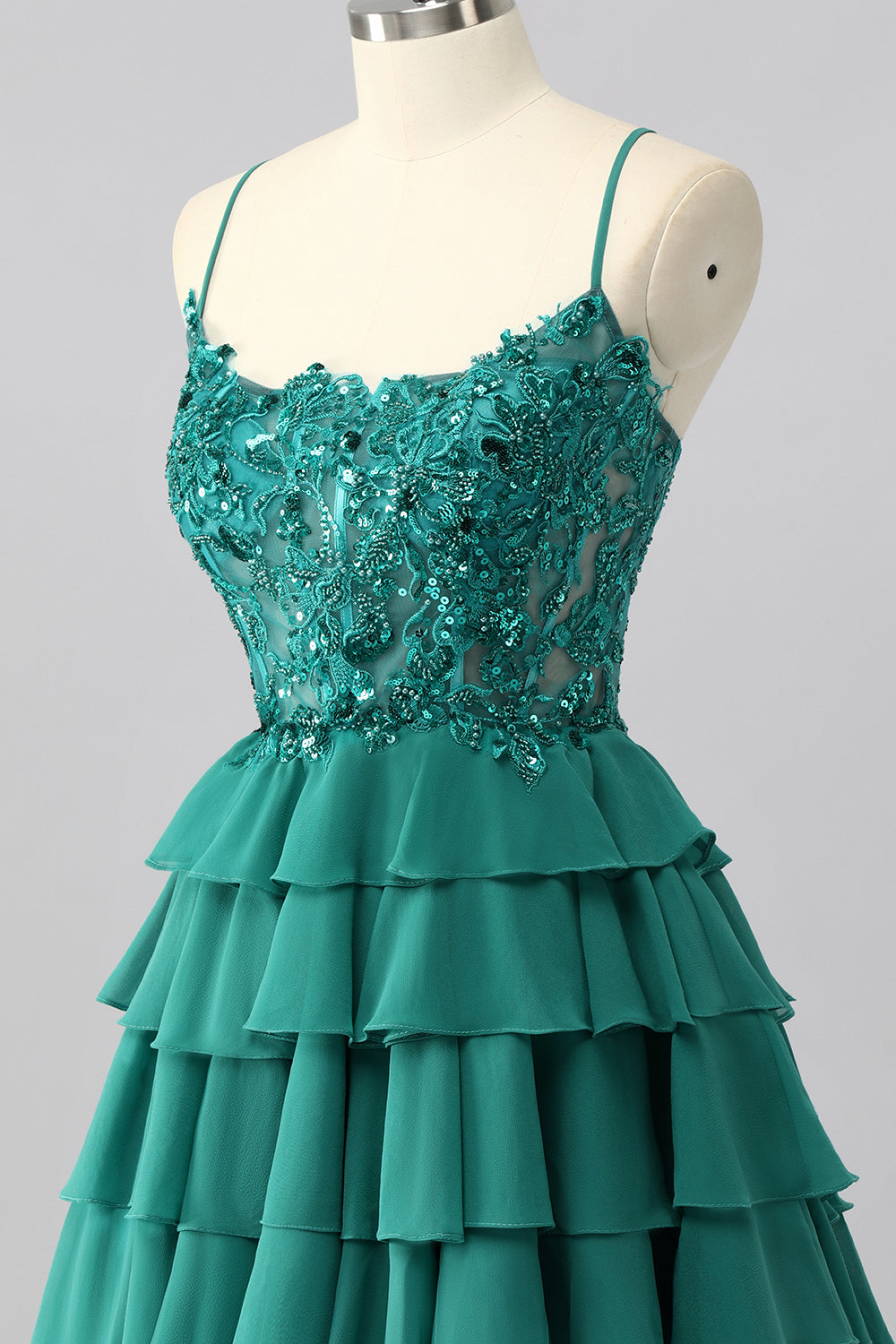 Dark Green Corset Short Tiered Sparkly Cocktail Dress with Beading