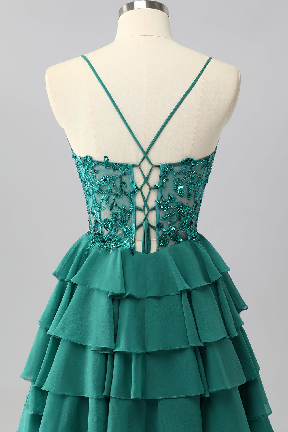 Dark Green Corset Short Tiered Sparkly Cocktail Dress with Beading