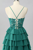 Dark Green Corset Short Tiered Sparkly Cocktail Dress with Beading