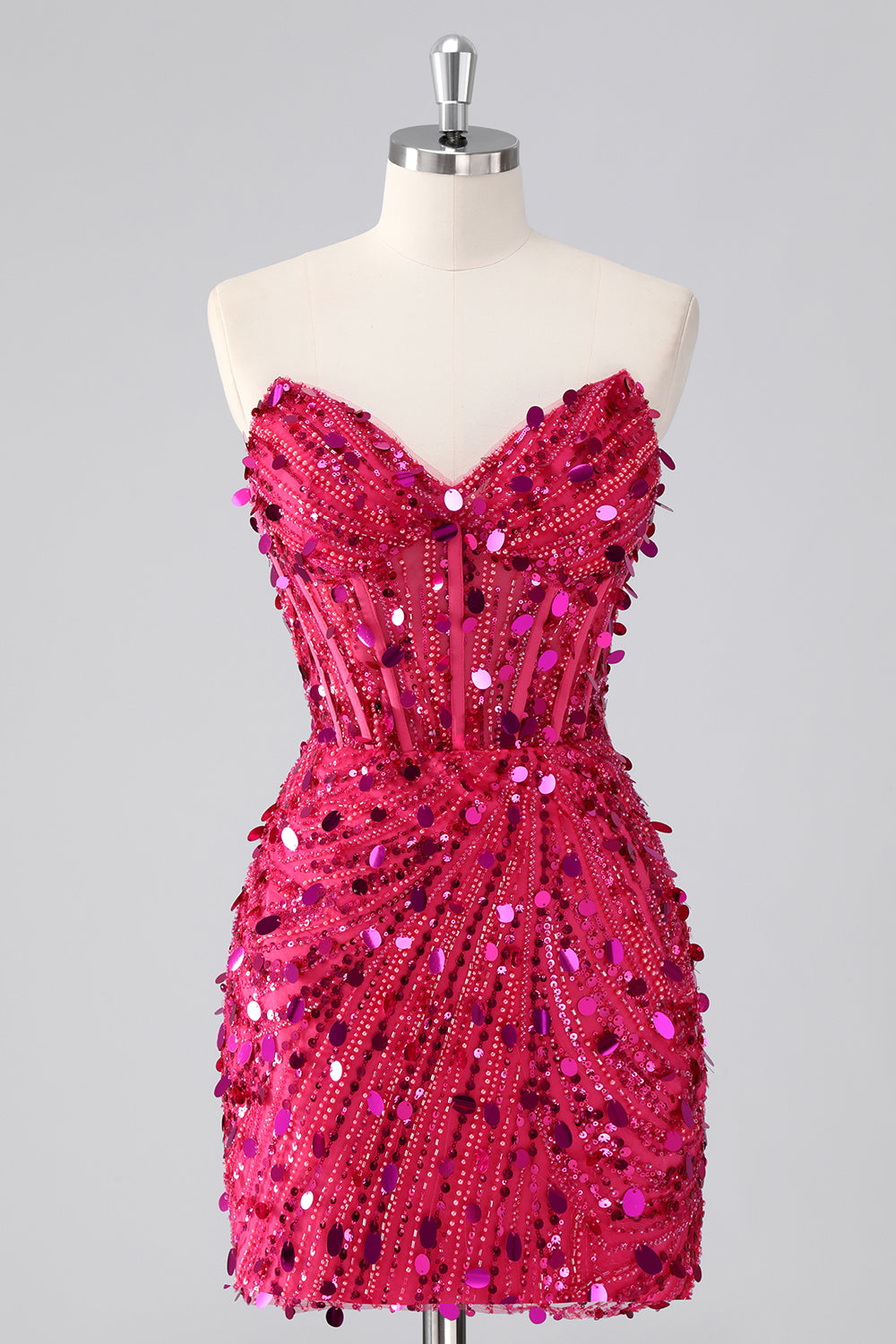 Sparkly Fuchsia Corset Bodycon Sweetheart Short Cocktail Dress with Sequins