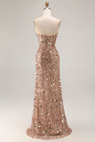Sparkly Champagne Corset Sequins Sweetheart Long Prom Dress with Slit