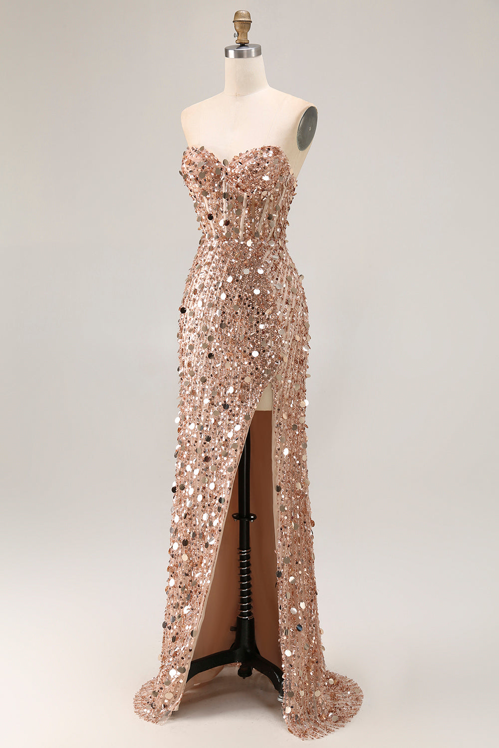Sparkly Champagne Corset Sequins Sweetheart Long Prom Dress with Slit