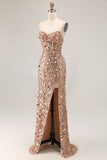 Sparkly Champagne Corset Sequins Sweetheart Long Prom Dress with Slit
