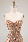 Sparkly Champagne Corset Sequins Sweetheart Long Prom Dress with Slit