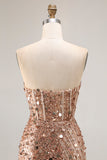Sparkly Champagne Corset Sequins Sweetheart Long Prom Dress with Slit