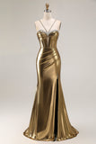 Golden Metallic Corset Mermaid Long Prom Dress with Slit