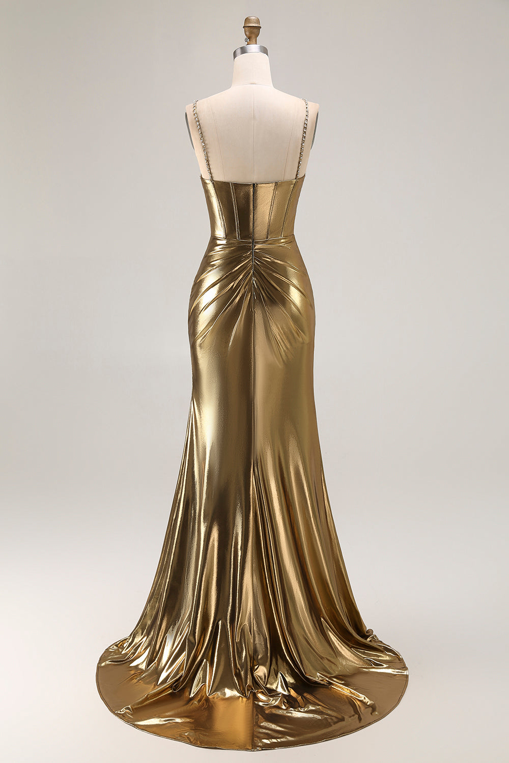Golden Metallic Corset Mermaid Long Prom Dress with Slit