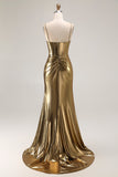 Golden Metallic Corset Mermaid Long Prom Dress with Slit