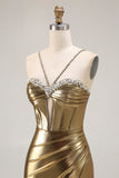 Golden Metallic Corset Mermaid Long Prom Dress with Slit