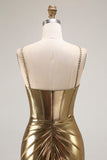 Golden Metallic Corset Mermaid Long Prom Dress with Slit