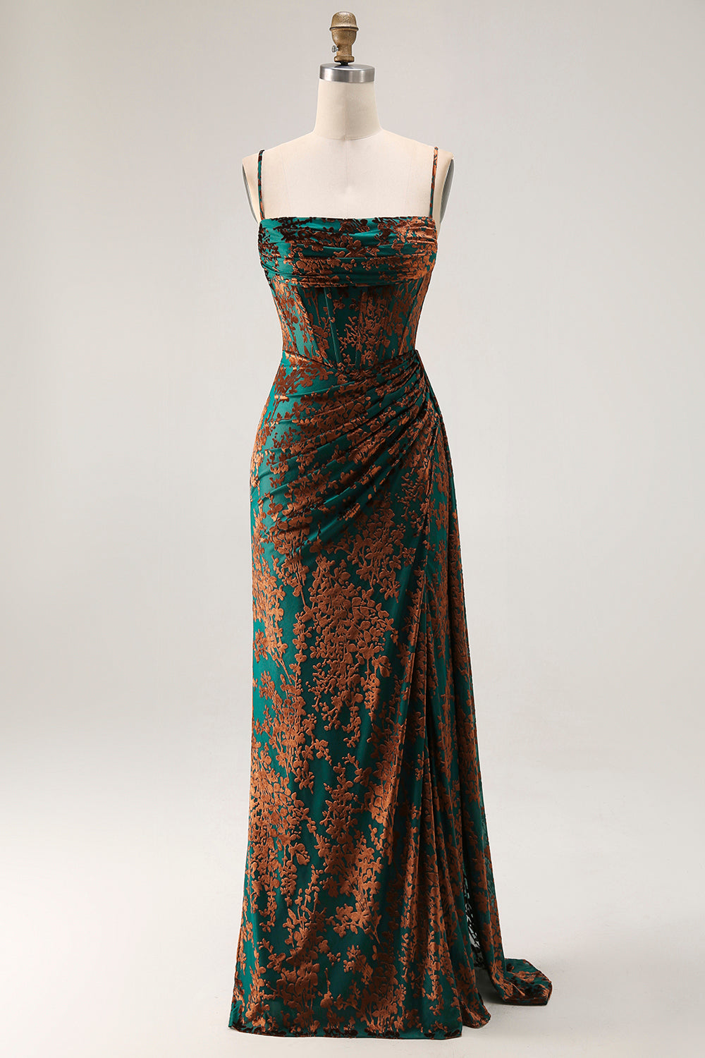 Dark Green Corset Velvet Floral Maxi Wedding Guest Dress with Side Cape